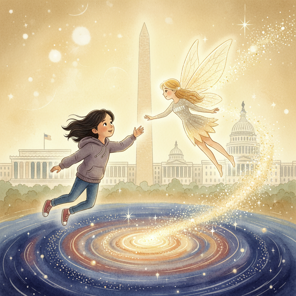 Charlotte meets fairy Liberty in a magical time travel scene with DC monuments in the background